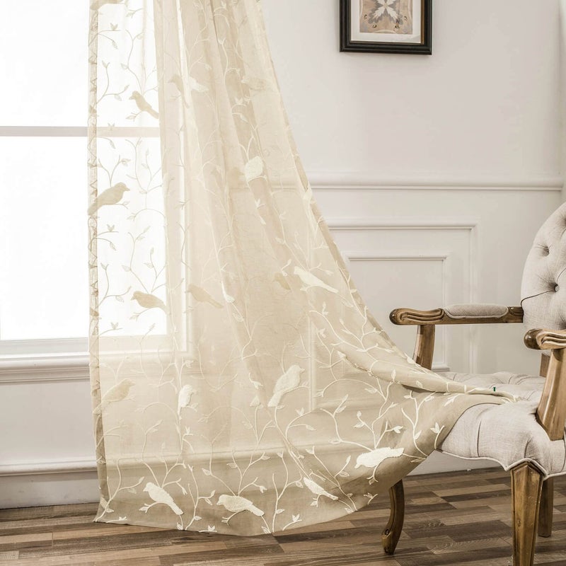 VOGOL Sheer Curtains 96 Inches Long, Taupe Sheer Curtains Rod Pocket Bird Embroidered Curtains for Living Room/Bedroom, W60X L96, 2 Pieces - Image 1